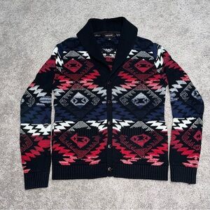 Mens Adam Levine Cardigan Sz L Red Blue Chunky Knit Cowl Neck Aztec Yellowstone